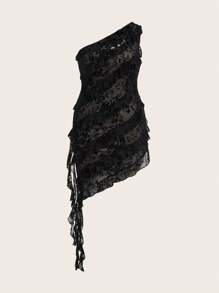 SHEIN X MariajoseGi SHEIN ICON 大尺碼女款植絨一肩連身裙 - 黑色 - 查看 2