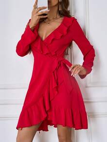 SHEIN LUNE 女裝荷葉領圍巾裝飾打結連衣裙 - 紅色 - 查看 5