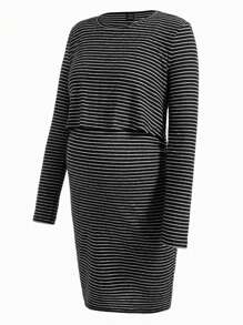 SHEIN Vestido A Rayas Para Lactancia De Manga Larga Para Maternidad - Blanco y Negro - Ver 4