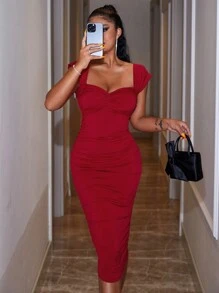 EURMUSE Sweetheart Neck Ruched Bodycon Dress