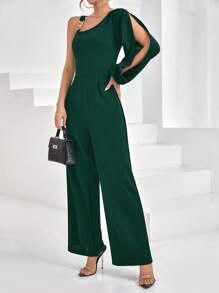 SHEIN Privé Bộ đồ liền thân dài tay xẻ cổ bất đối xứng dành cho nữ - Màu xanh lá cây đậm - Xem 1