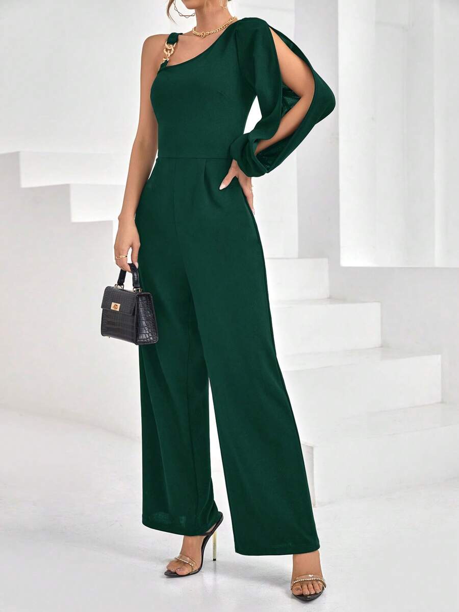 SHEIN Privé Bộ đồ liền thân dài tay xẻ cổ bất đối xứng dành cho nữ - Màu xanh lá cây đậm - Xem 1