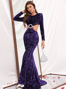 Rhinestone O-Ring Detail Sequin Dress - Purple - View 5
