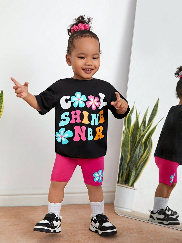 Baby Girl Cute Flower & Letter Print Short Sleeve T-Shirt With Elastic Waistband Shorts Set