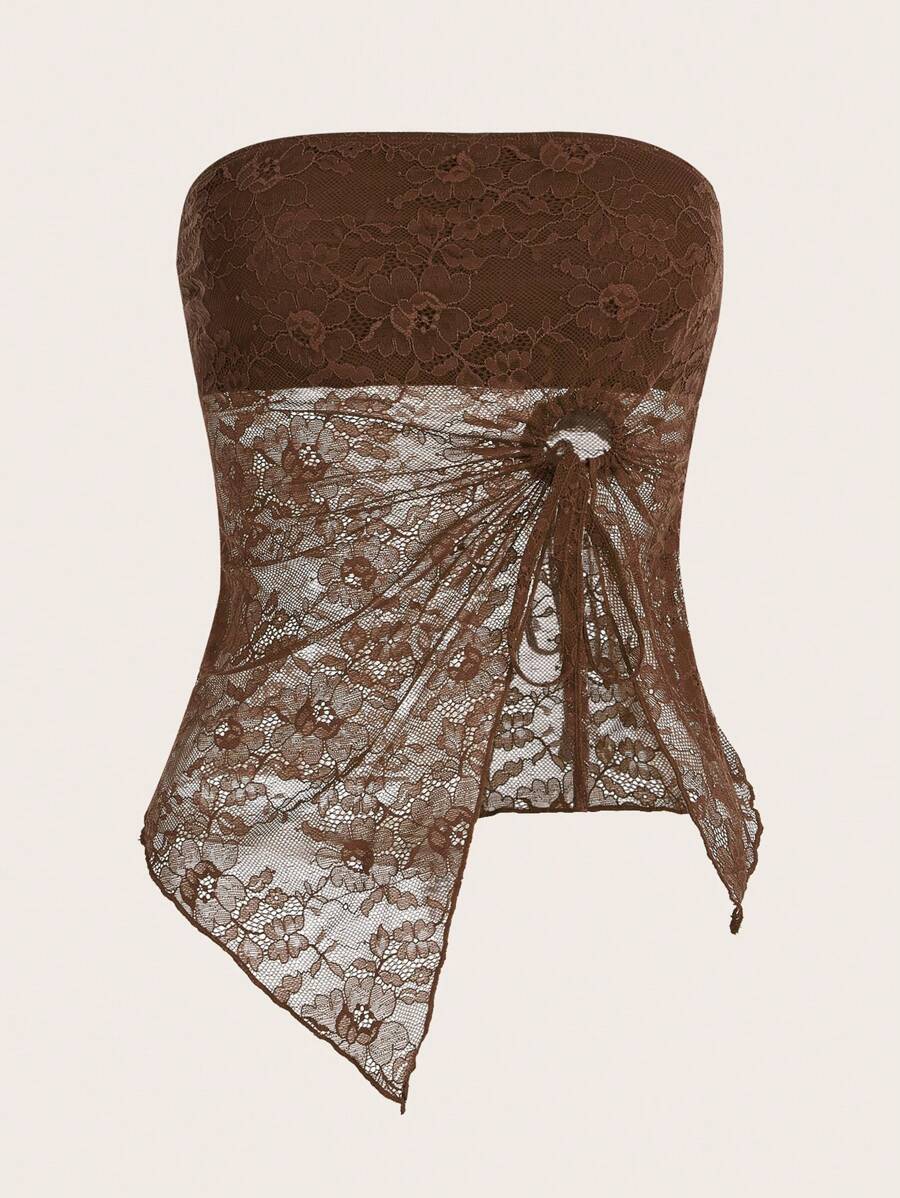 SHEIN ICON Women'S Asymmetrical Hem Lace Strapless Top - Coffee Brown - View 1