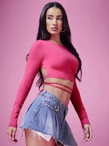 SHEIN BAE Women's Valentine's Day Pink Tight-Fit Crop Top Long Sleeve Open Back T-Shirt - Pink - View 5