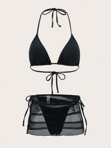 Swim SXY Solider Dreieck Bikini-Oberteil mit Knoten an den Seiten und dazugehörigem Netz-Cover-Up Rock für Bikini-Musikfestivals und Strand im Sommer - Schwarz - Übersicht 3