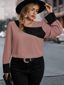 SHEIN Franclia Plus Size Women's Colorblock Long Sleeve Shirt - Dusty Pink - View 7