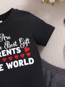 SHEIN Em bé Con trai Lá thư In Ngắn tay Vòng cổ Áo Và Quần có chân Bộ - màu đen - Xem 10