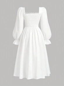 Girlism Vestido campestre casuales para adolescentes con cuello cuadrado tejido de un solo color y mangas con volantes - Blanco - Ver 2