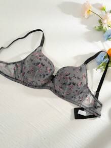 Plus Size Women's Floral Embroidery Bra With Bow Knot, Lingerie