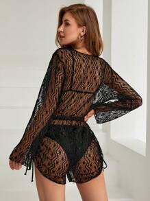 Women'S Hollow Out Cover Up With Drawstring Side Detail - Black - View 2