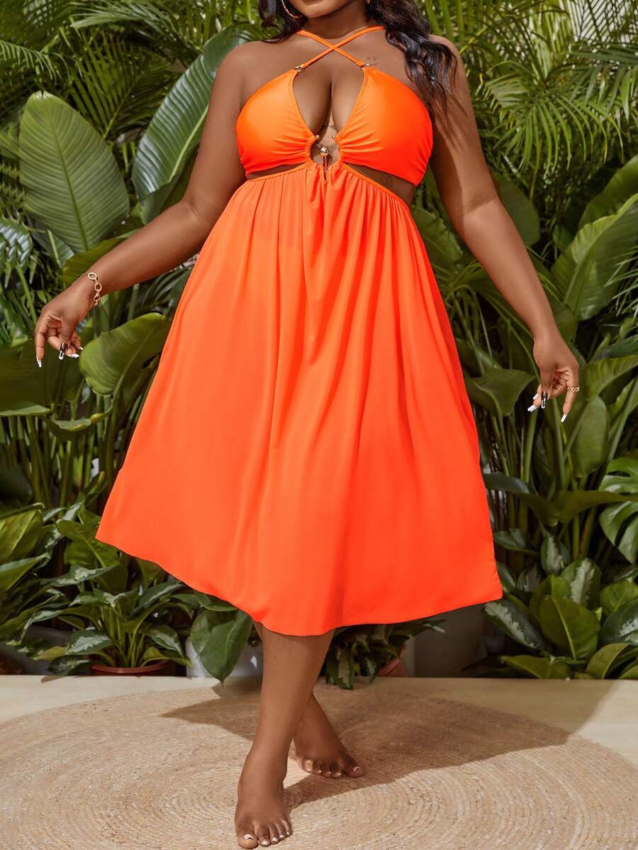 SHEIN Slayr Plus Size Solid Color Swimwear Set Carnival Summer Beach - Orange - View 1