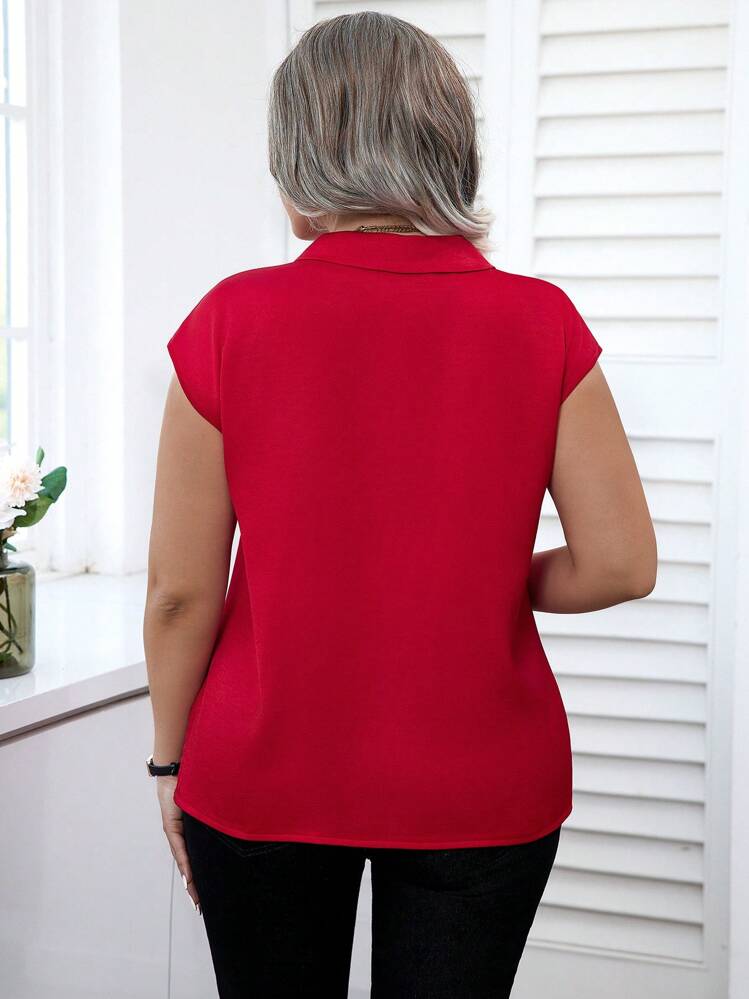 Elenzga 大码女式蝙蝠袖衬衫配仿领带，适合新年服装 - 紅色 - 查看 2