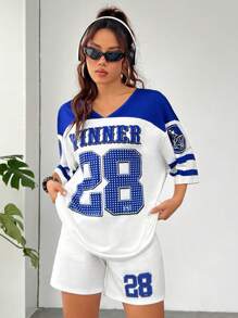 SHEIN Coolane 字母印花拼色t恤短褲套裝 - 藍色 - 查看 3
