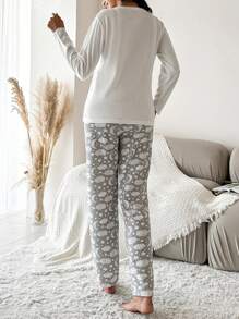 EURMUSE 标语图案 T 恤和蛇皮印花裤睡衣套装白色套装 - 白色 - 查看 2