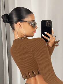 SHEIN ICON Cut-Out Detail Zipper Front Short Crop Cardigan - Khaki - View 2