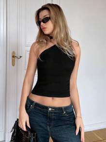 SHEIN X Jessie SHEIN Essnce Áo crop top có cổ bất đối xứng cho nữ - màu đen - Xem 2