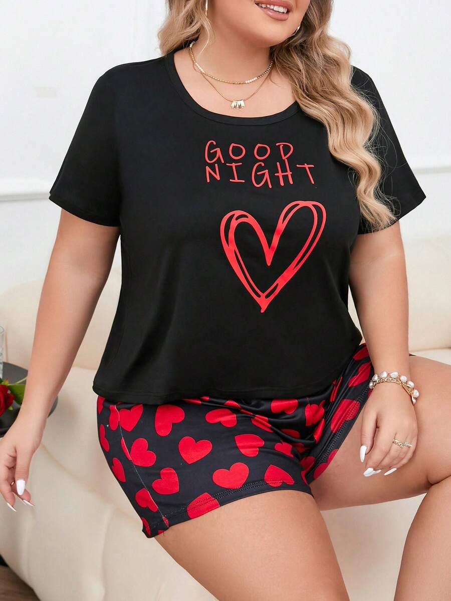 Kích thước lớn Của phụ nữ In Trái tim Ngắn tay Bộ mặc nhà Với giày - màu đen - Xem 1