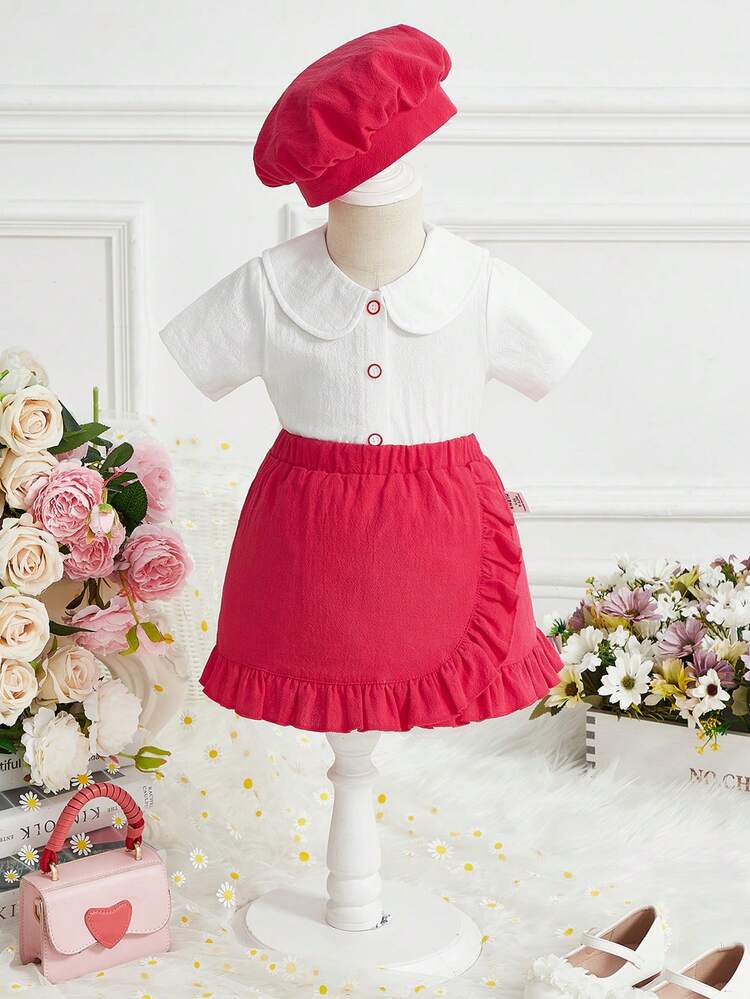 Baby Girls' Casual Vintage Elegant Peter Pan Collar Outfits With Hat, Suitable
