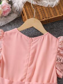 女童蕾丝盖袖A字腰连衣裙，甜美公主风，蕾丝盖袖设计，高腰A字，柔软舒适 - 粉色 - 查看 5