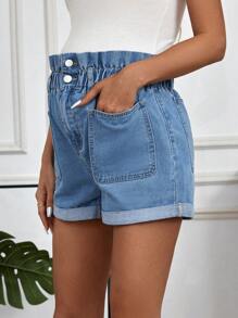SHEIN Maternity Paper Bag Waist, Side Pockets And Front Button Design Denim Shorts