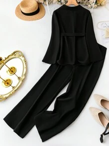 SHEIN LUNE 女士加大碼純色尖領套裝 - 黑色 - 查看 2