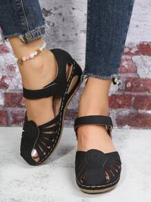 女士户外舒适黑色激光切割坡跟凉鞋，春夏穿搭 - 黑色 - 查看 7