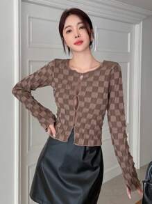 DAZY 镂空格纹前长袖毛衣，秋季服装短款女式上衣格子 - 棕色 - 查看 4