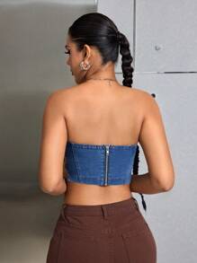 SHEIN SXY 性感空心牛仔無肩帶上衣 - 深色水洗藍 - 查看 2