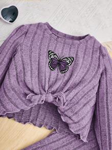 SHEIN Leap Crew Young Girl Butterfly Embroidery Round Neck Short Sleeve Top And Bell-Bottoms Set