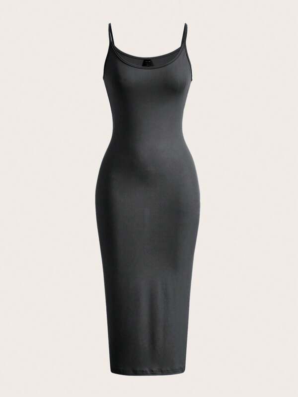 SHEIN BASICS Vestido Casual Para Cena Y Citas De Mujer Con Tirantes Finos Y Un Solo Color Sólido