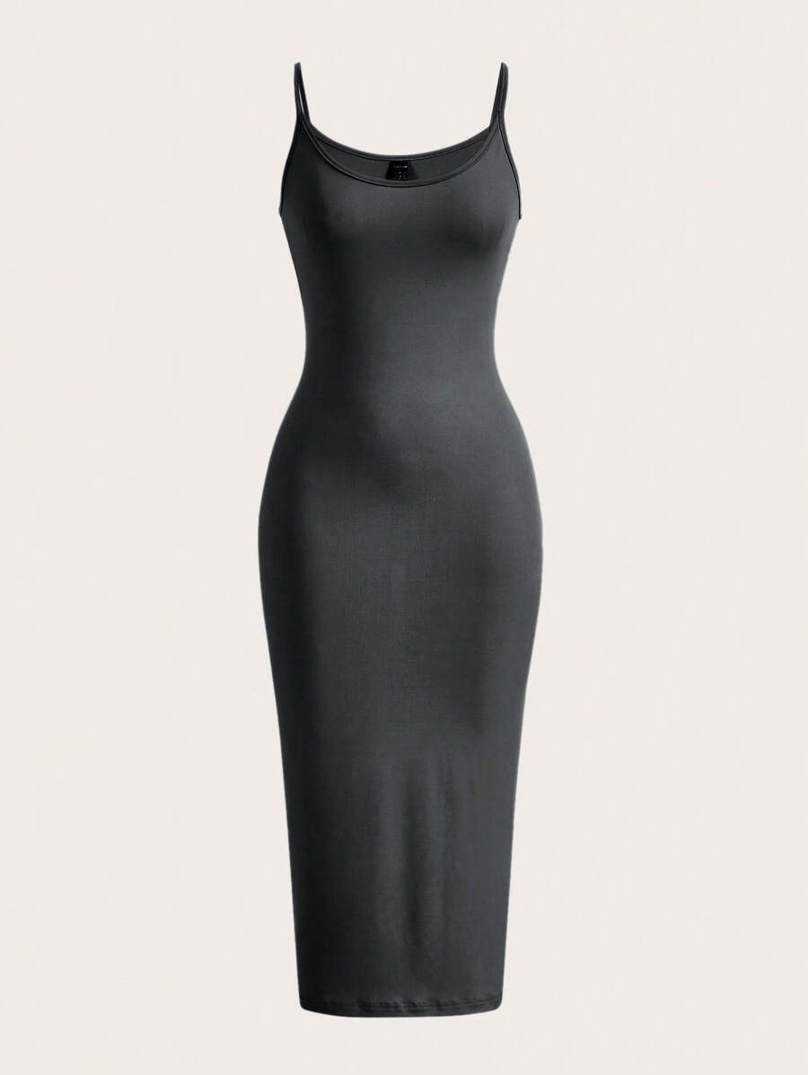 SHEIN BASICS Ladies' Solid Color Spaghetti Strap Casual Dinner Dating Dress/Summer\Elegant/ Summer Dress - Dark Grey - View 1