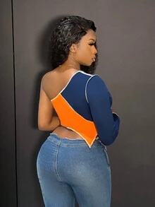 Slaydiva Color Block Asymmetrical Hem T-Shirt - Multicolor - View 2