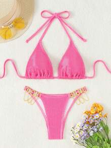 SHEIN Swim Conjunto bikini de playa de verano con copa triangular, parte superior con cuello halter y decoración de estrás, Bottom de corte alto - Rosa - Ver 4