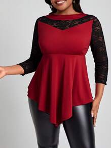 SHEIN Lady Plus Size Women'S Lace Patchwork T-Shirt - Multicolor - View 4