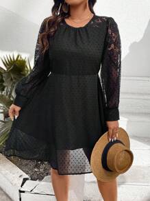 SHEIN Clasi Vestido De Manga Larga Con Encaje De Patchwork Para Mujer Talla Grande - Negro - Ver 4