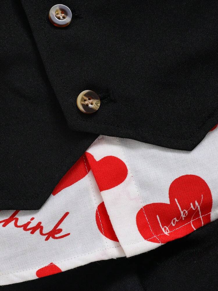 Baby Boys' Gentleman Outfits, Heart Pattern Casual Shirt, Solid Color Vest, Shorts, 3pcs/set