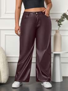 SHEIN Cottnline Women's Plus Size Solid Color High Waist Wide-Leg Jeans With Slanted Pockets - Burgundy - View 4