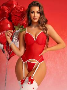 Color Block Lace Trim Heart Pattern Sexy Lingerie Set (Valentine's Day Edition)