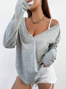 Flirla Women's Simple Basic V-Neck T-Shirt Fall Cloth For Women - Grey - View 1