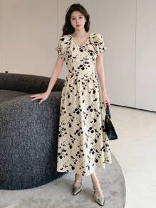 DAZY Women's Floral Printed Puff Sleeve Dress Sundress