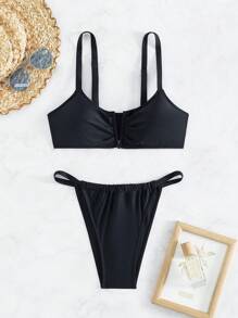 SHEIN Swim Bộ Bikini Màu Trơn Mùa Hè Cho Nữ - màu đen - Xem 2