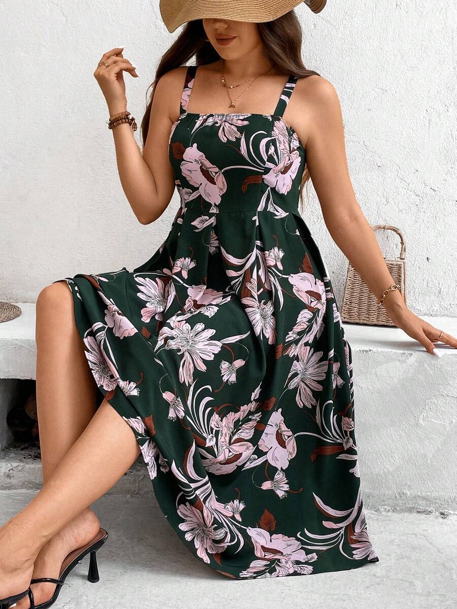 SHEIN Holidaya 大尺碼花色印花細肩帶裙 - 綠色 - 查看 1
