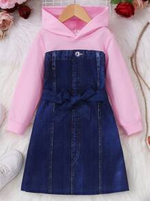 SHEIN Little Girls' Color Blocking 2 In 1 Dress With Waist Belt - Pink - View 1