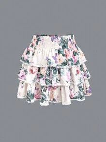 Sunnyshic Plus Size Floral Print Multi-Layered Skirt With Lace Detailing And Ruffled Hem - Multicolor - View 1