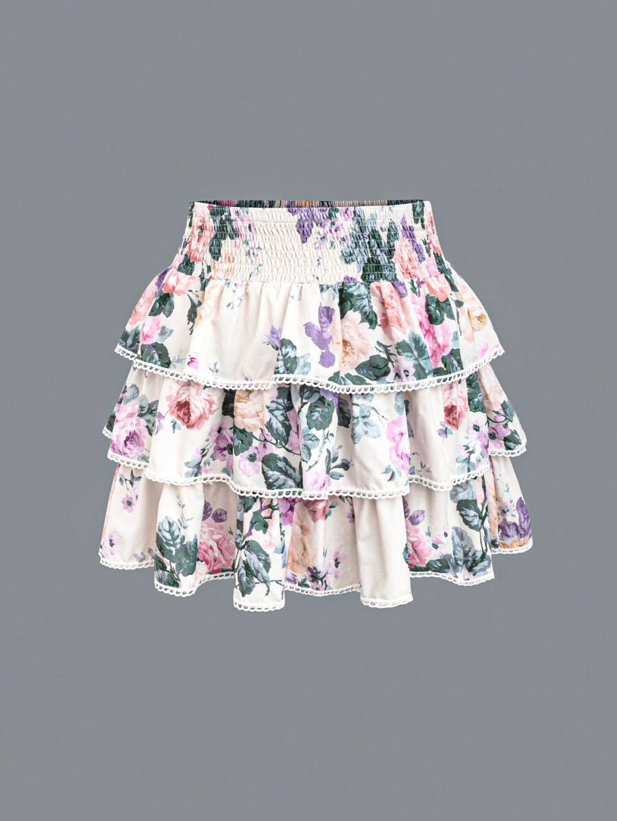 Sunnyshic Plus Size Floral Print Multi-Layered Skirt With Lace Detailing And Ruffled Hem - Multicolor - View 1