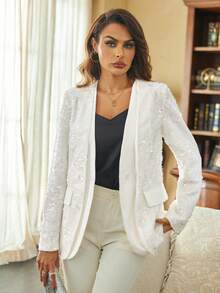 SHEIN Privé Women'S Sparkly Long Sleeve Blazer Jacket - White - View 5