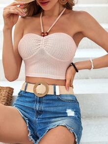 SHEIN VCAY Camiseta Sin Mangas De Moda Para Mujeres Con Cuello Halter Y Color Sólido - Albaricoque - Ver 5