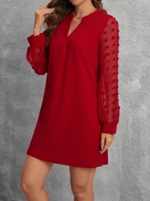 SHEIN LUNE Notched Neck Floral Jacquard Long Sleeve Dress - Red - View 5